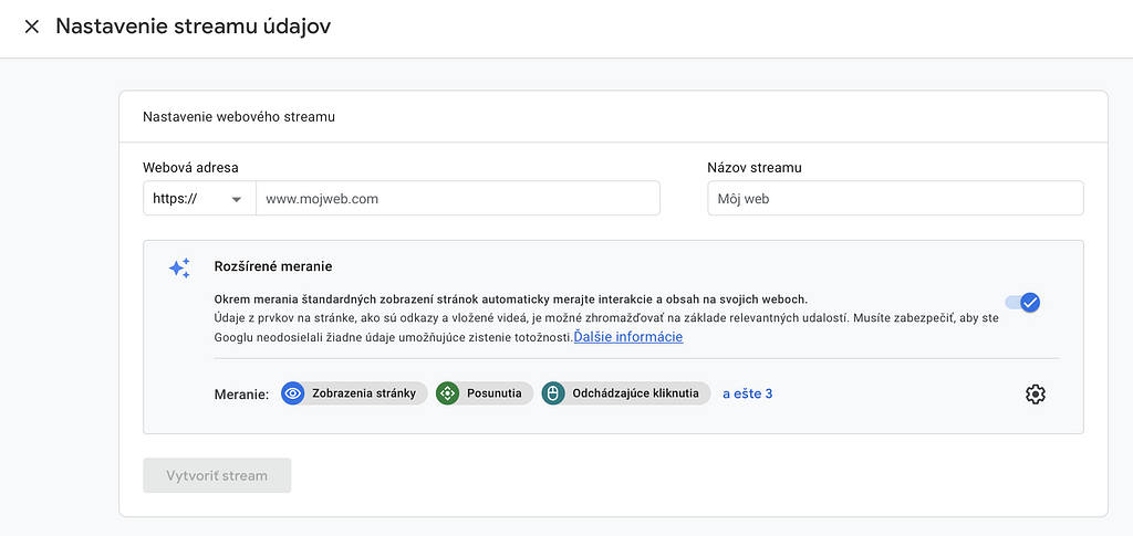 Nastavenie streamu údajov v GA4